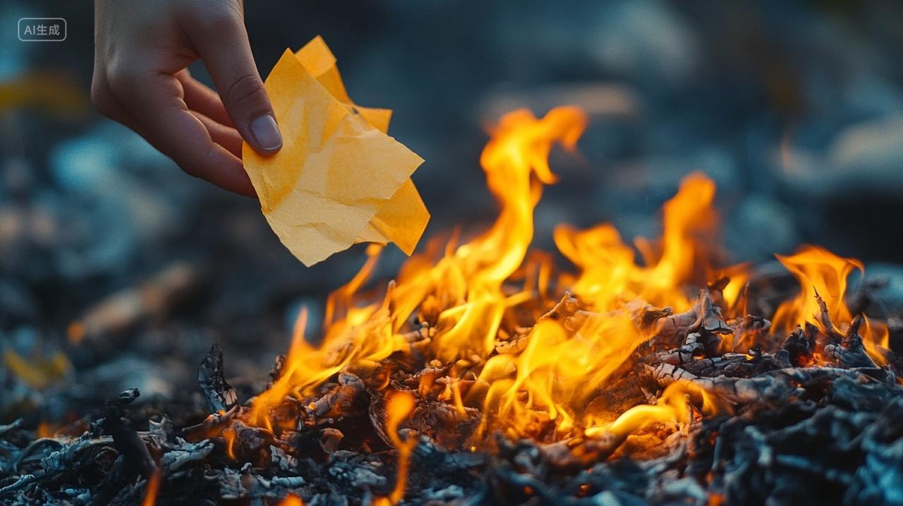 清明节燃烧的纸钱火焰中的纸钱祭拜祖先的纸钱