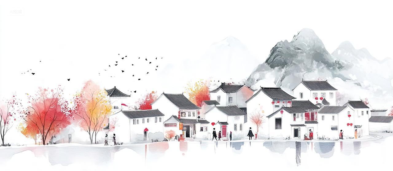 乡村山水画水墨插画春天海报背景