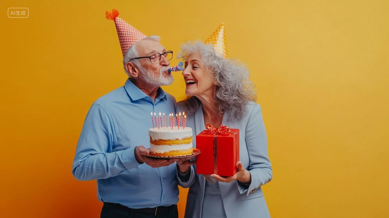 戴着生日帽的老夫妇拿着蛋糕礼物亲密互动