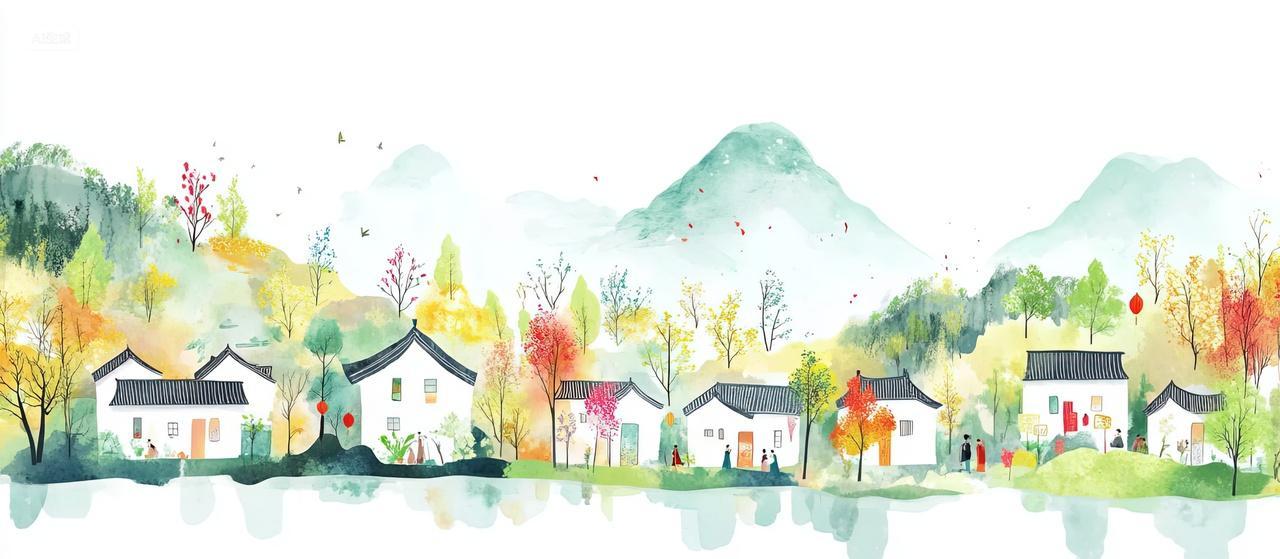 乡村水墨插画春天水彩江南水乡海报背景