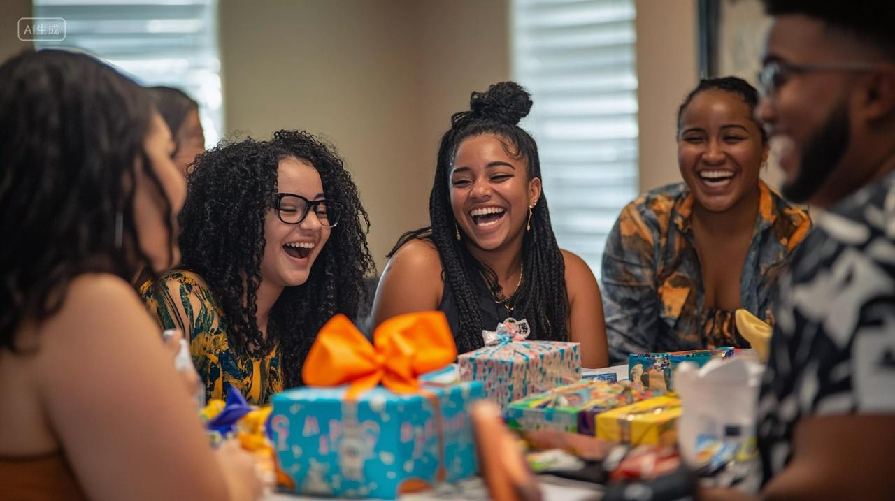 一群人围坐一起面对礼物开怀大笑庆祝生日