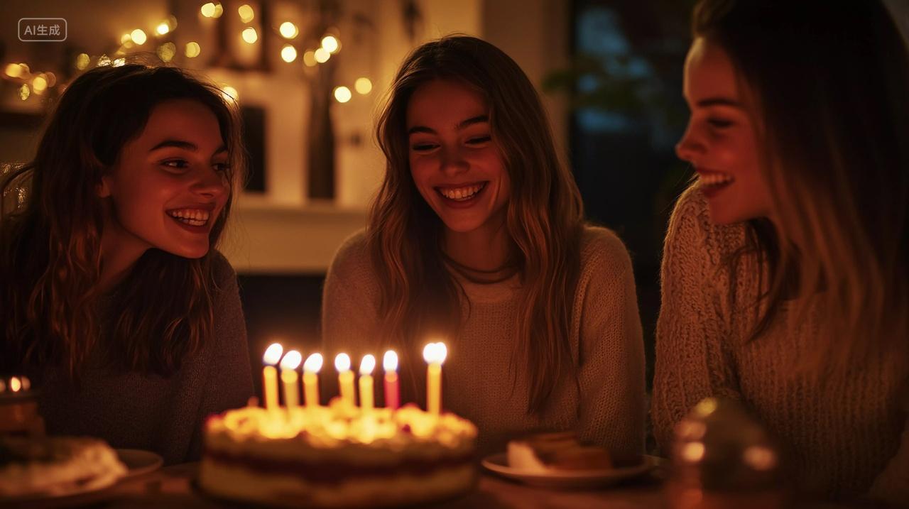 三位女子在烛光中笑对生日蛋糕氛围温馨