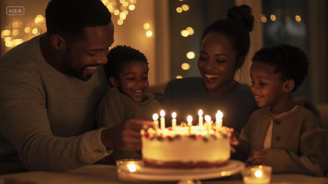 一家人在暖光下围绕生日蛋糕露出开心笑容