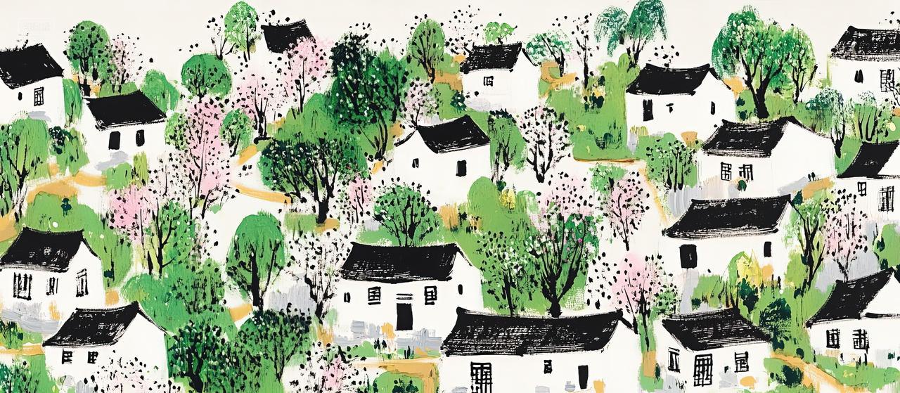 乡村建筑春天风景水墨插画海报背景