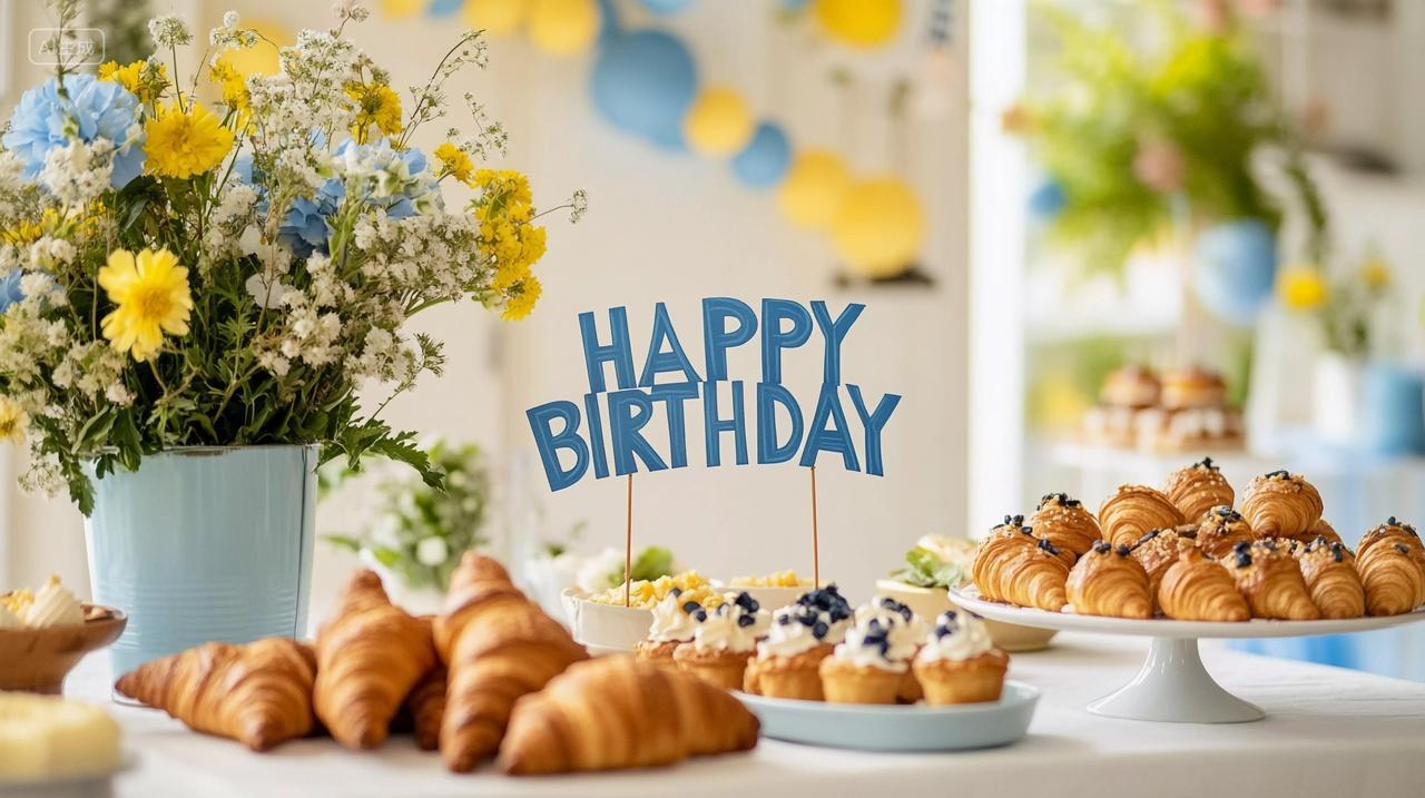 摆放着糕点鲜花和生日牌的生日美食桌