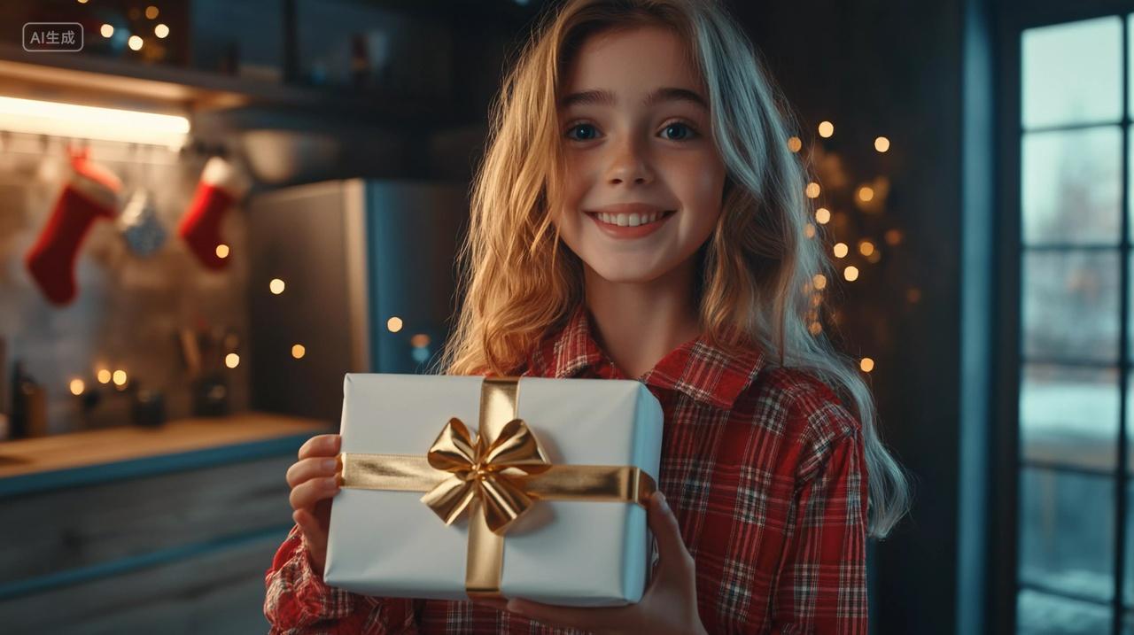 金发女孩穿着红格子衬衫在圣诞布置中手持礼盒