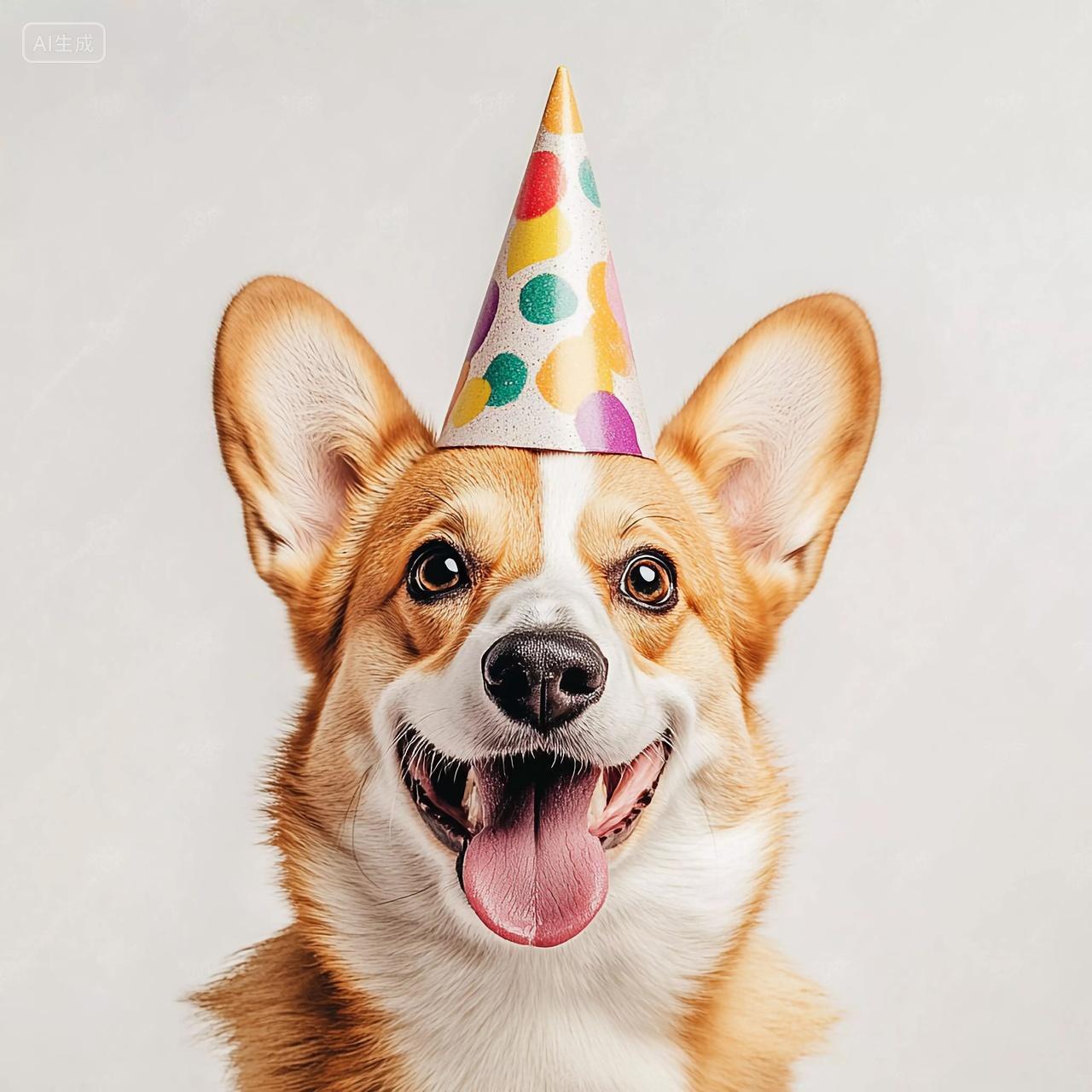 戴着波点生日帽的柯基犬开心吐舌超萌