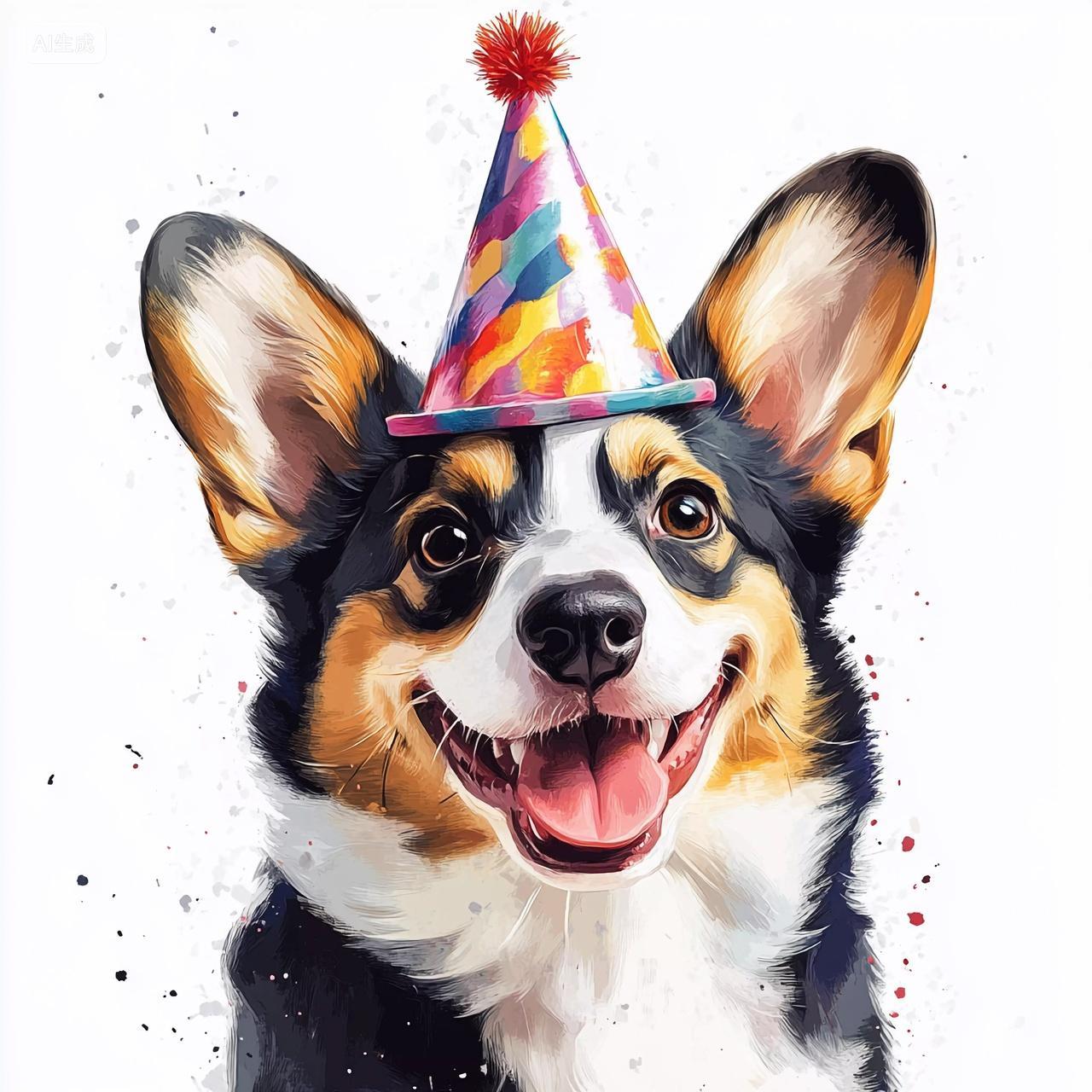 卡通可爱彩色生日帽下三色柯基咧嘴笑模样超可爱