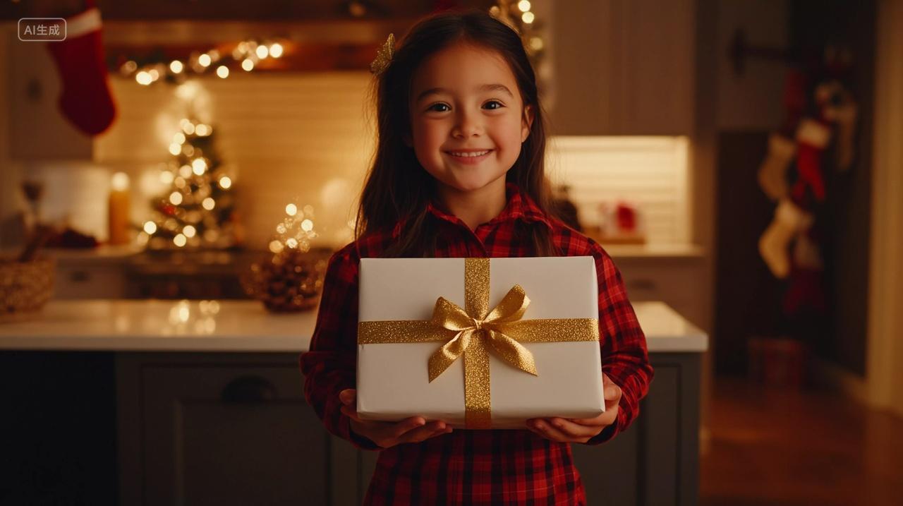 女孩身着红格子衬衫在圣诞氛围中开心展示礼物