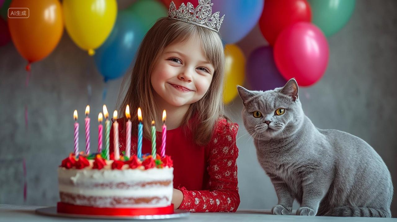 头戴皇冠的小女孩和猫咪在彩色气球下快乐过生日