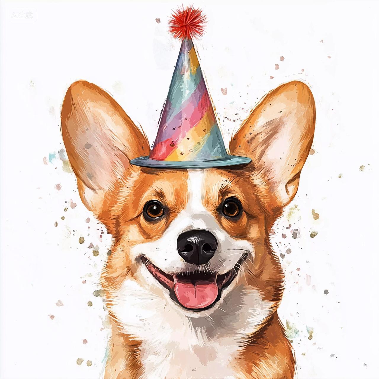 卡通可爱戴着生日帽的柯基犬咧嘴笑模样十分可爱