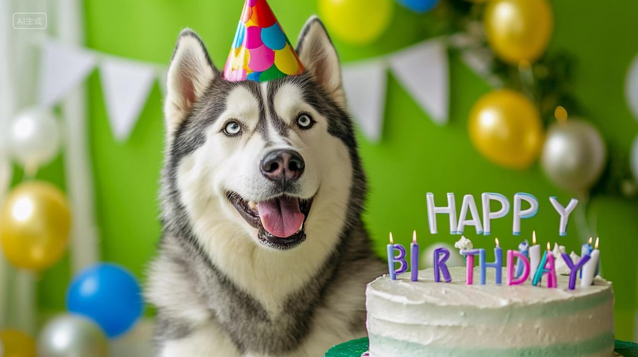 戴着生日帽的哈士奇开心笑对着生日蛋糕