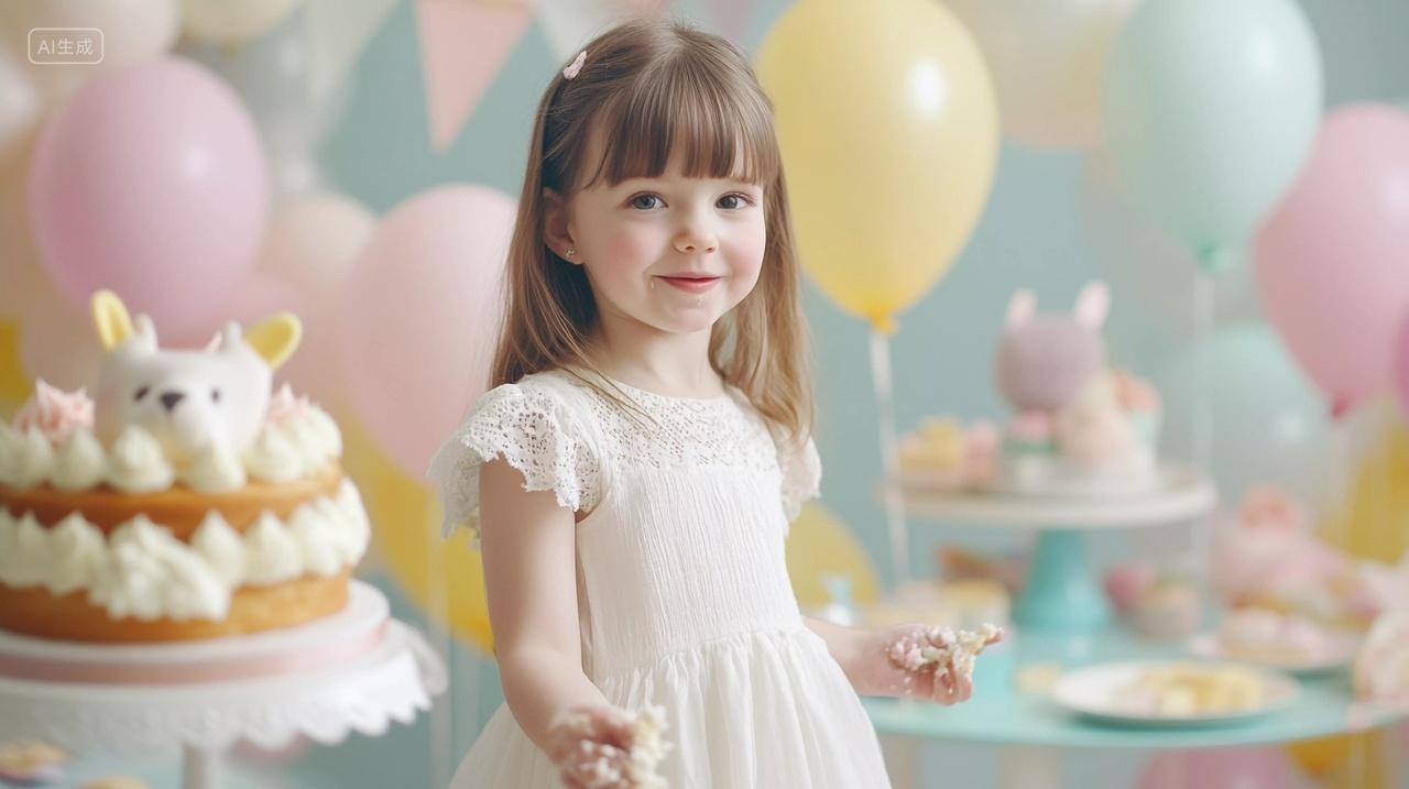 穿着白裙的小女孩在气球环绕中手持甜点微笑