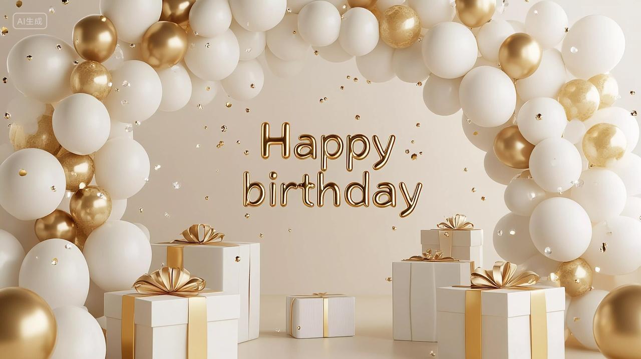 白色金色气球拱门搭配礼物的生日场景布置