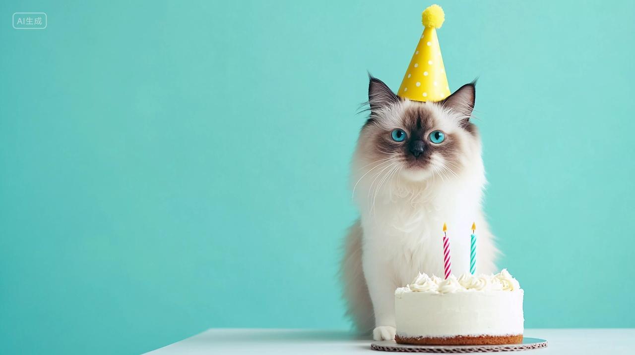 蓝眼睛猫咪头戴生日帽乖巧站在生日蛋糕旁惹人爱