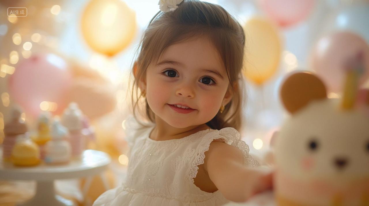 小女孩在彩色气球和甜点装饰中伸手微笑