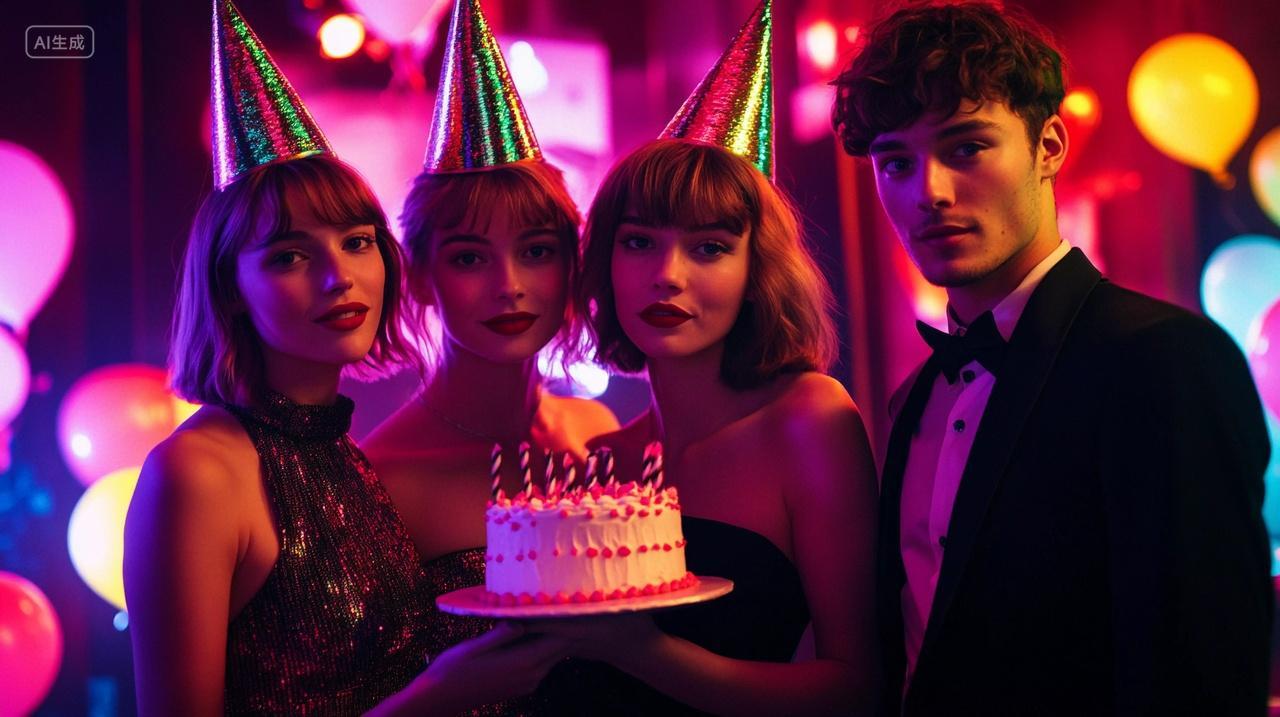 几位戴着生日帽的人在炫彩灯光下与蛋糕同框