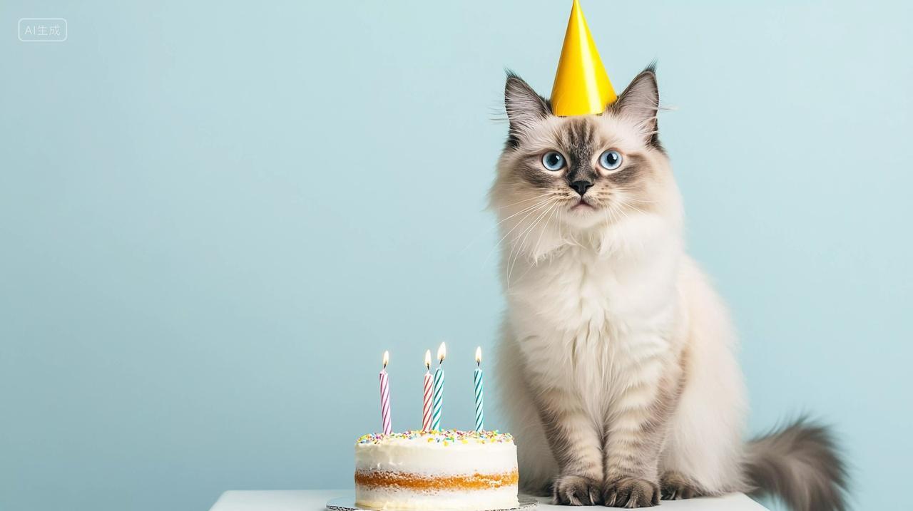 戴着生日帽的布偶猫端庄坐在生日蛋糕旁边