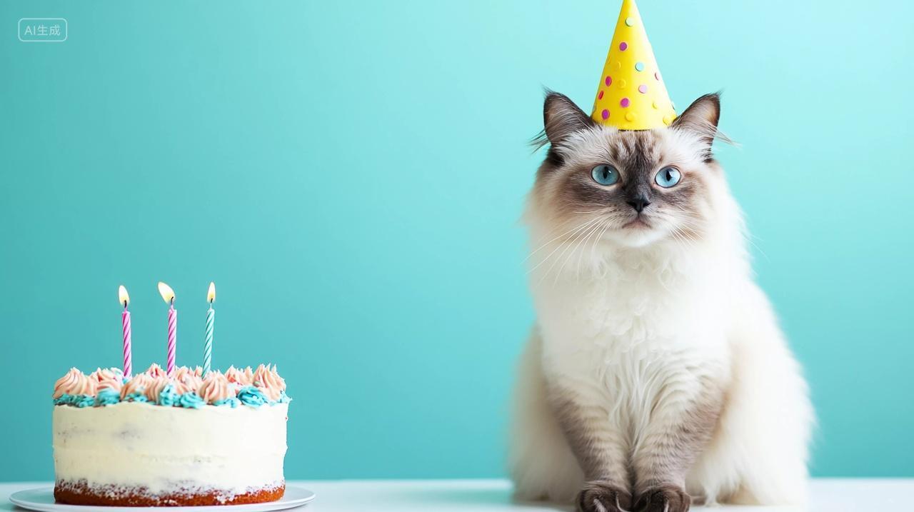 蓝眼睛猫咪戴着生日帽端庄坐在生日蛋糕旁超萌