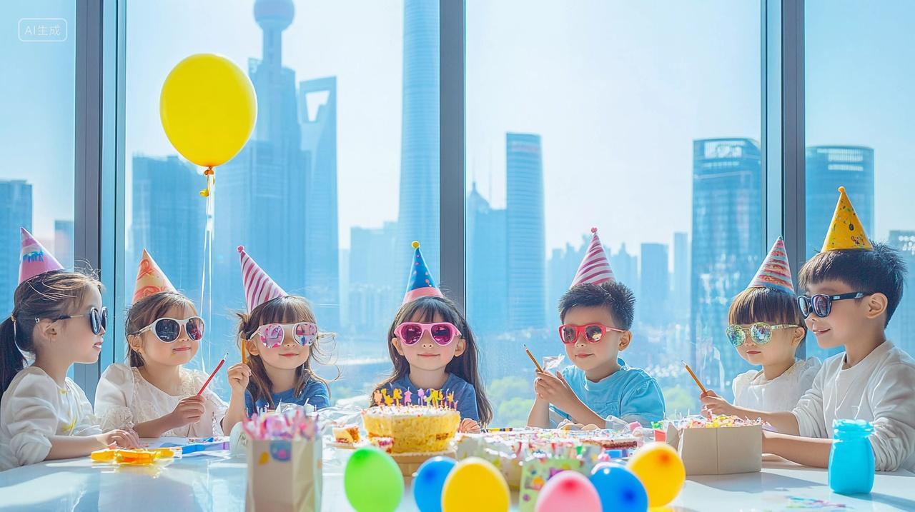 戴着派对帽和墨镜的小朋友们在窗前开心庆祝生日