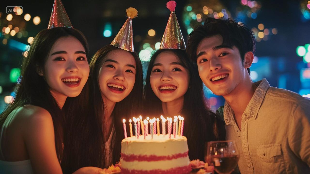 年轻人戴着生日帽围绕生日蛋糕开心合影