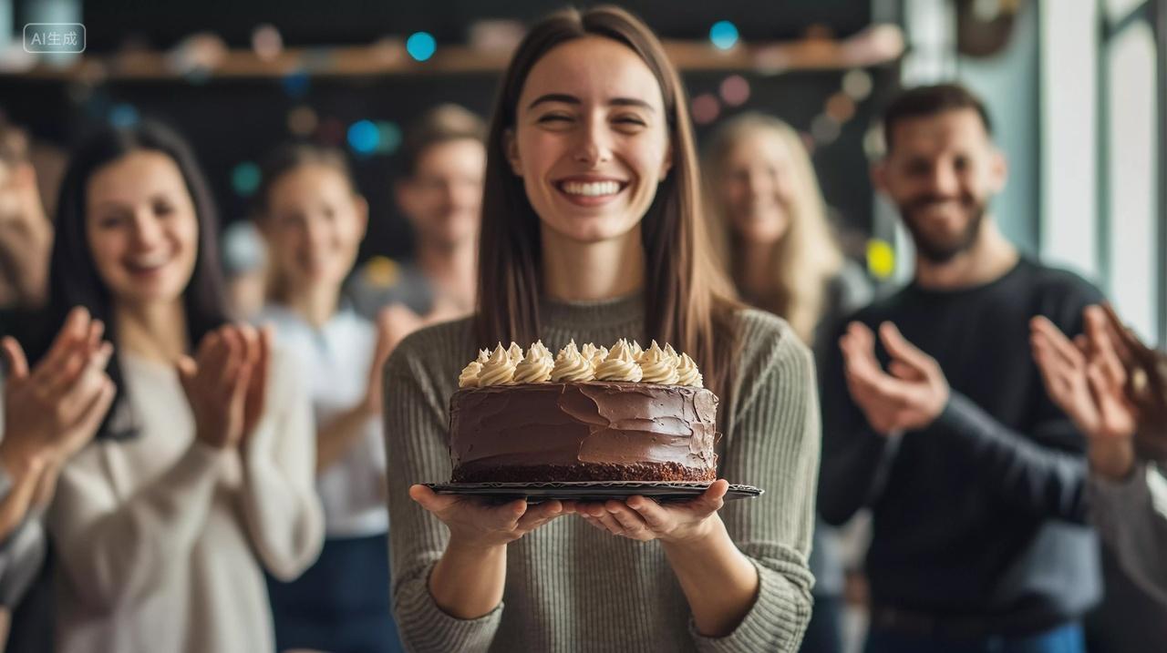 人群鼓掌女子手持装饰精美的巧克力蛋糕庆祝生日