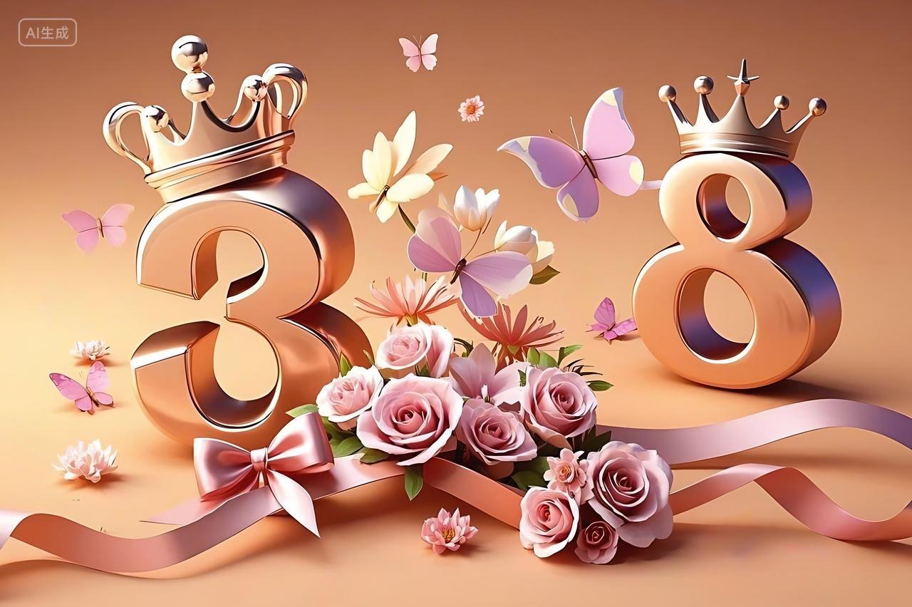 3D数字38上面有一个皇冠，鲜花围绕妇女节图片