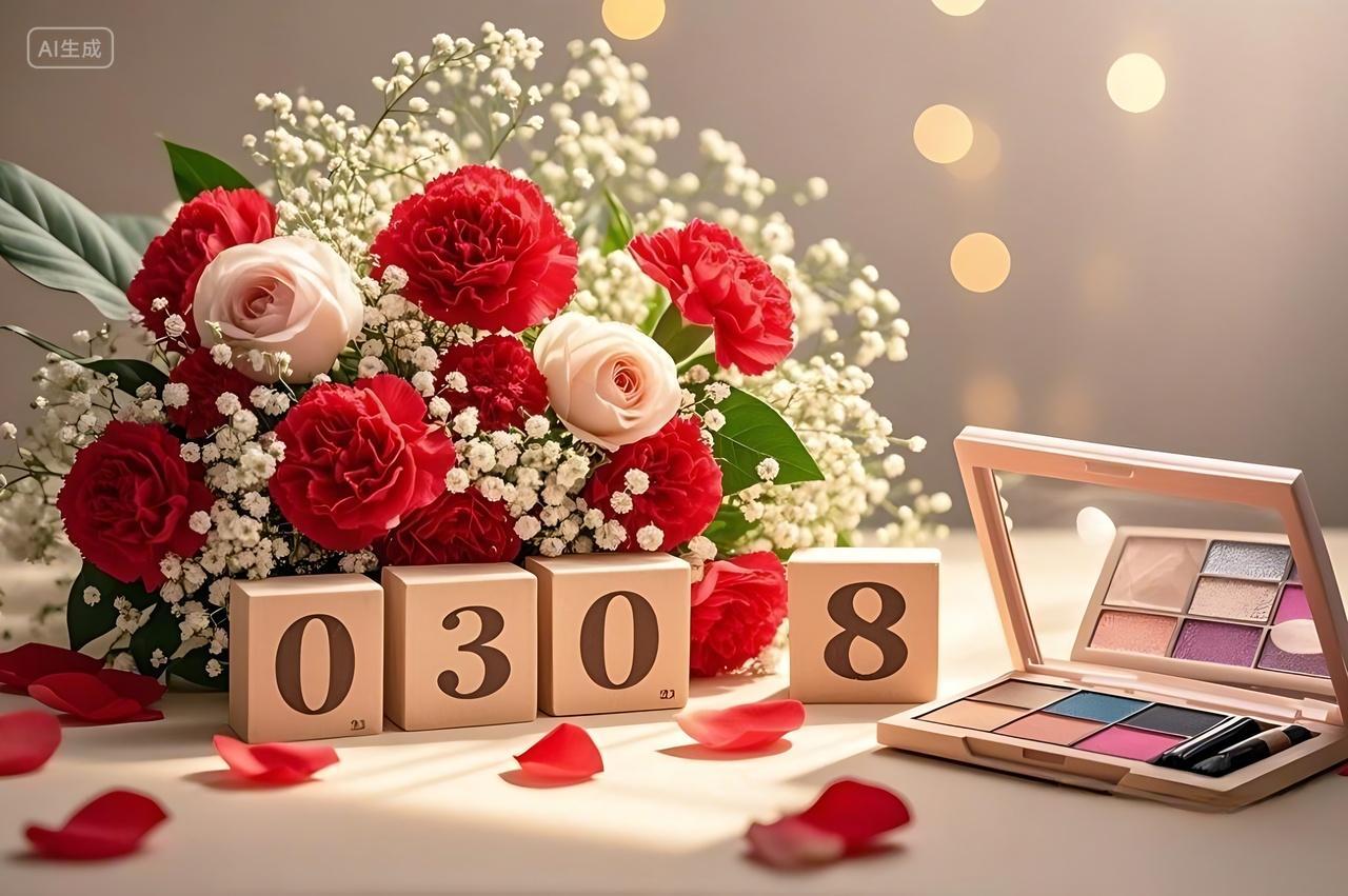 0308三八妇女节一束包含红色康乃馨粉色玫瑰和白色满天星的花束