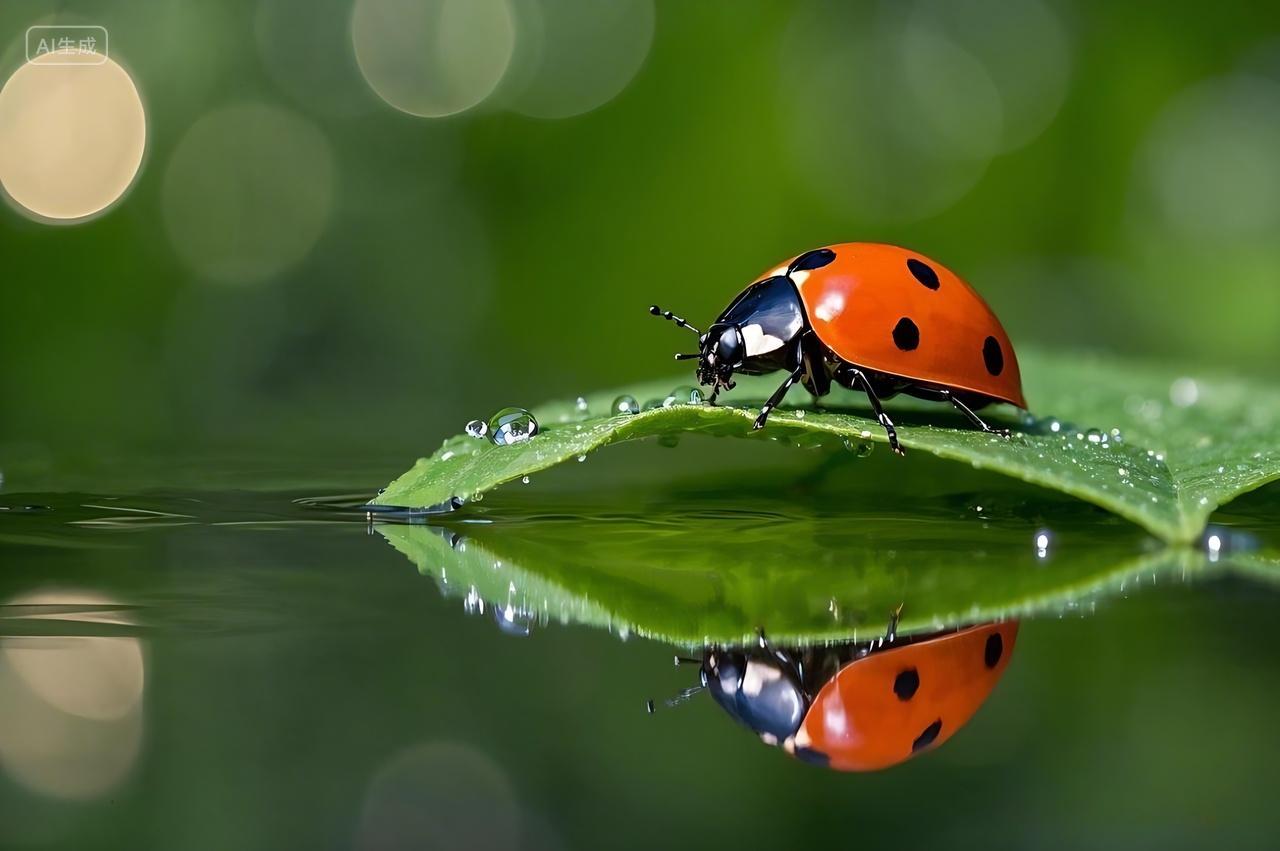 一只橙红色带黑色斑点的瓢虫，趴在一片绿色的叶子上