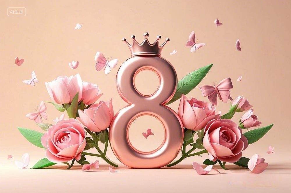 3D数字8上面有一个皇冠，鲜花围绕妇女节图片