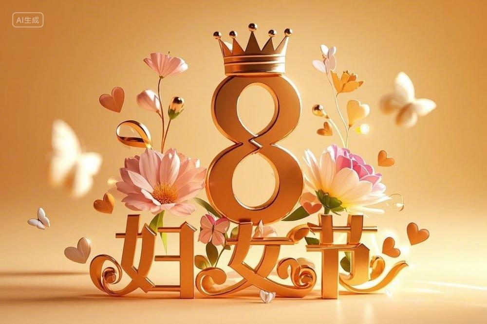 妇女节场景温馨鲜花蝴蝶结皇冠立体数字8