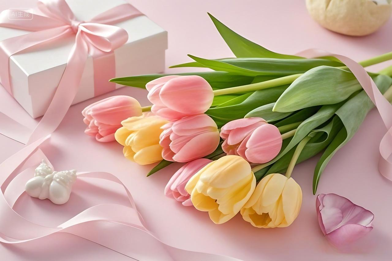 三八妇女节母亲节有一束粉色和黄色相间的郁金香