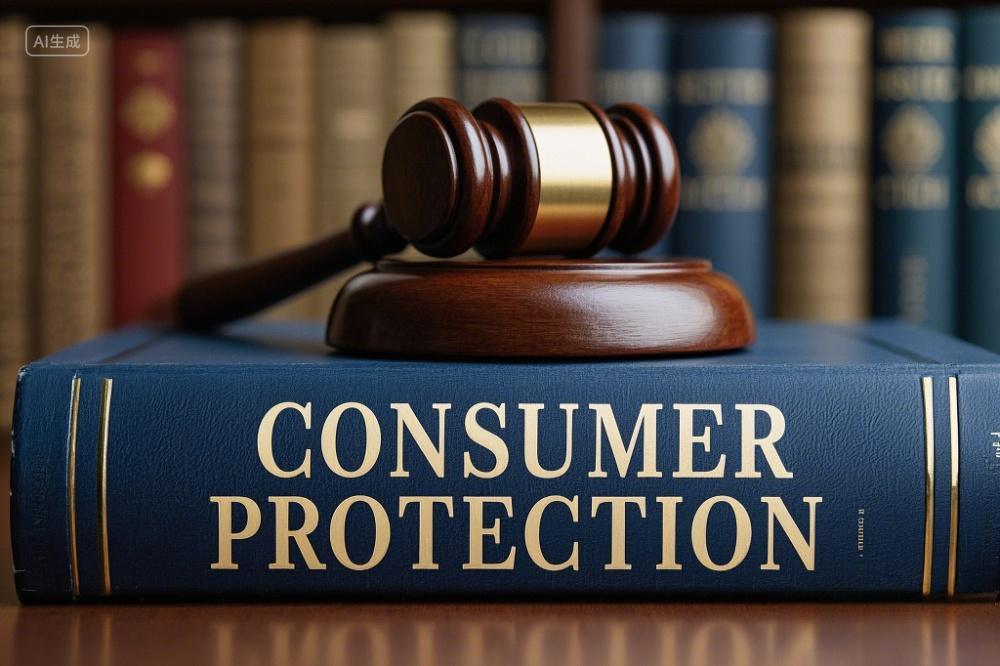 一本封面印有消费者保护文字的书籍上放置着一个木槌315法律维权