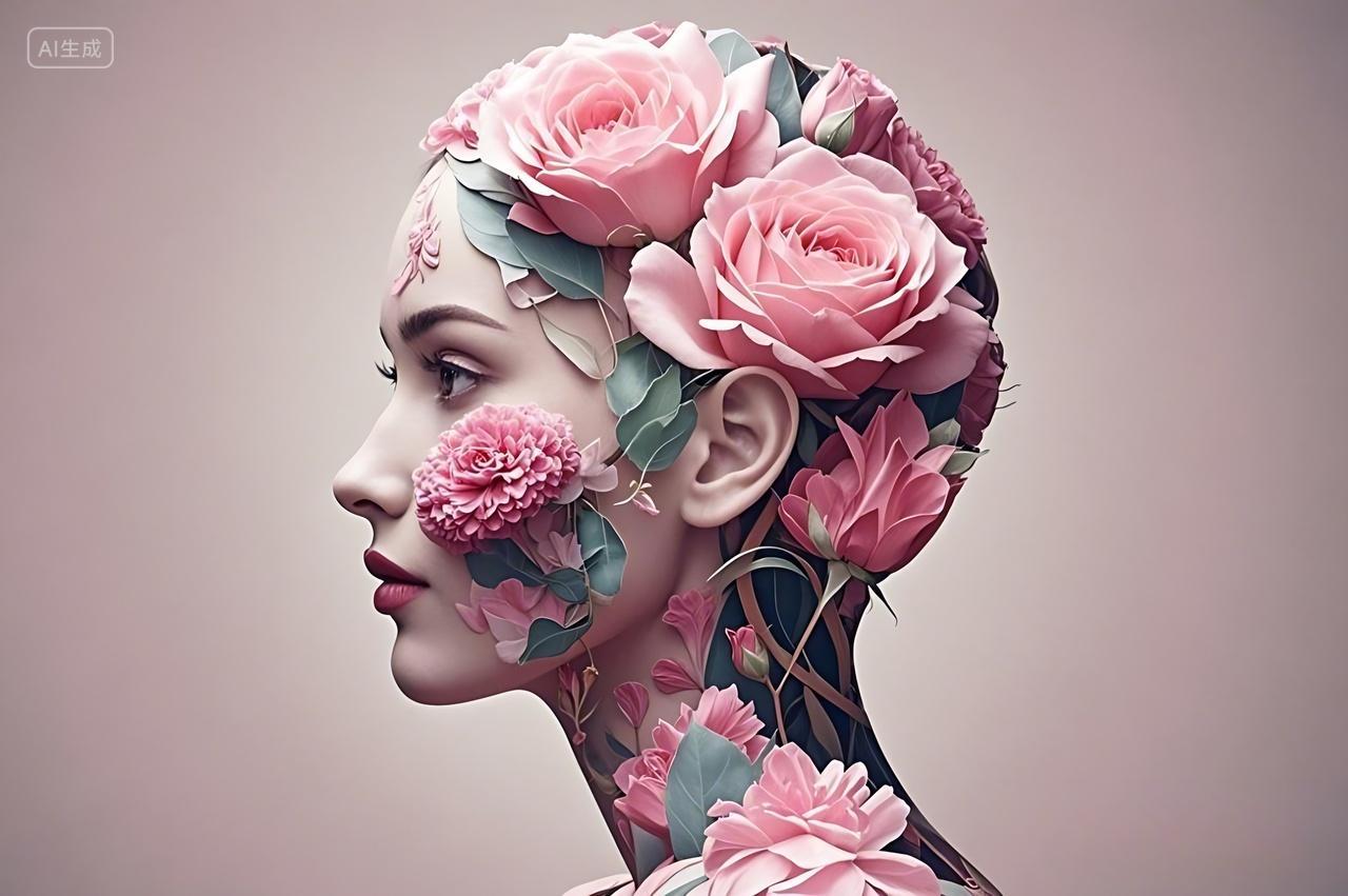 妇女节创意图片女性侧面轮廓玫瑰花环绕图片