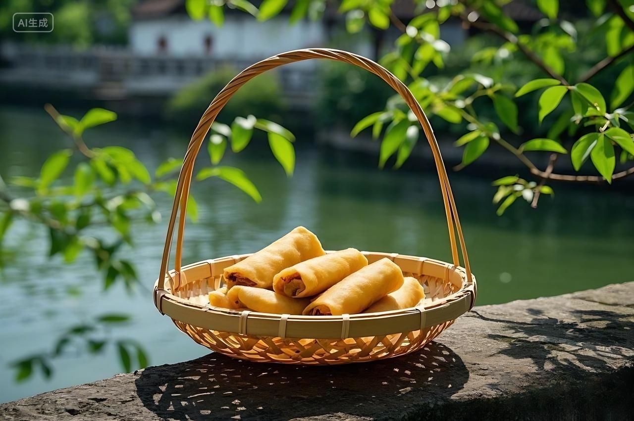 春天节气一个竹编提篮里放着几只金黄色的春卷