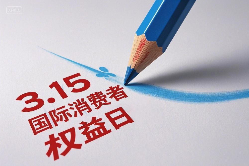 一支蓝色铅笔笔尖处用红色字体写着3.15国际消费者权益日