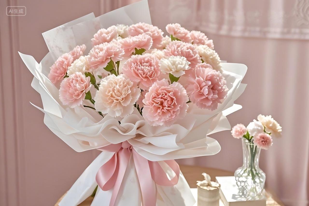 粉色背景上一束粉色康乃馨