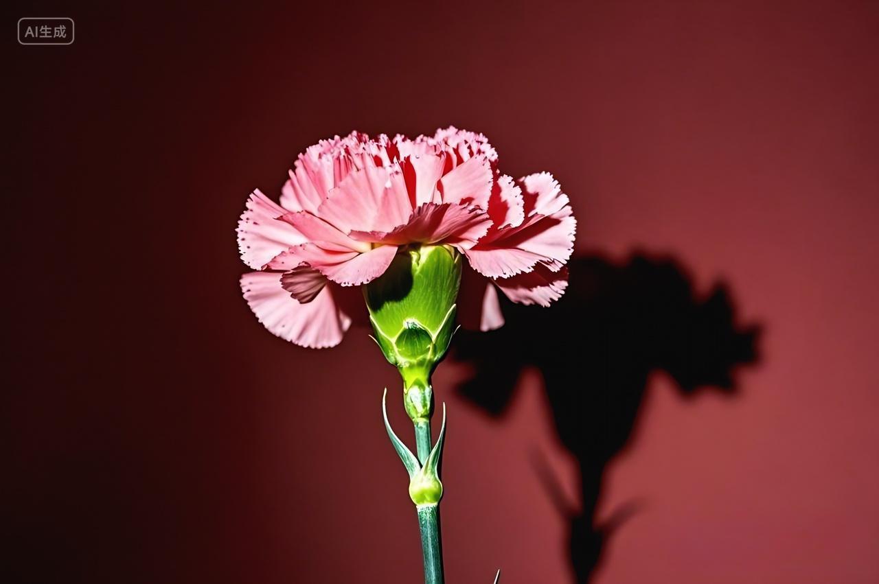 在光线照射下一朵康乃馨图片其影子投射在背景上三八妇女节母亲节