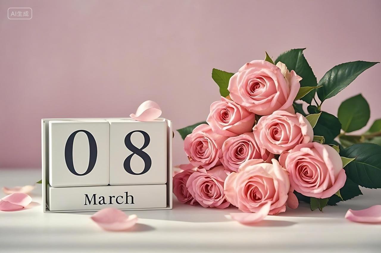 38妇女节节日粉色玫瑰花旁边有一个38日历数字图片