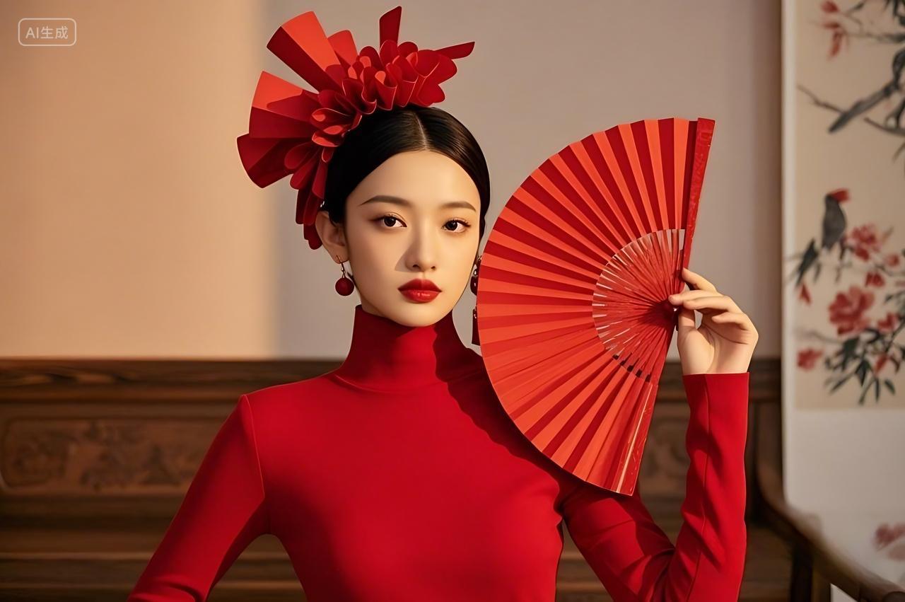 一位身着红色服饰的女性手拿红色折扇美女女人人物写真图