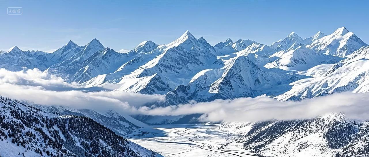 雪山山峰云雾缭绕风景壁纸特写冬季探险素材