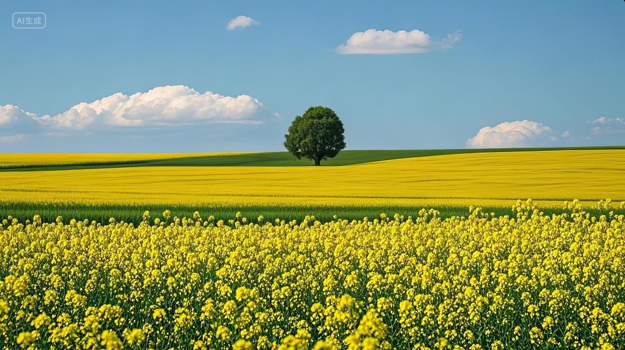 自然风景图大自然风景风光电脑壁纸一望无际油菜花田黄色花海中间一棵树风景