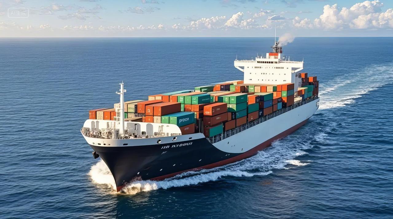 一艘远洋货轮航行在蓝色海面上集装箱运输船