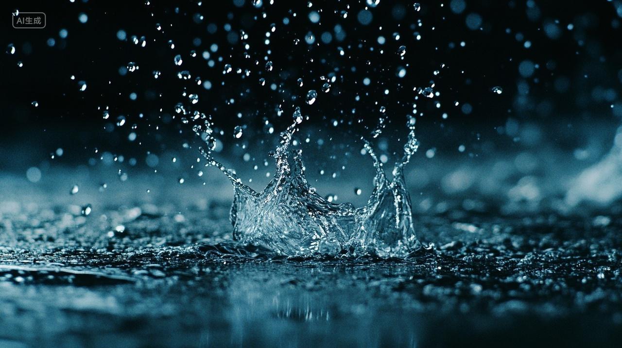 抽象艺术水滴慢镜头溅起水面水花四溅意境图片下雨潮湿路面