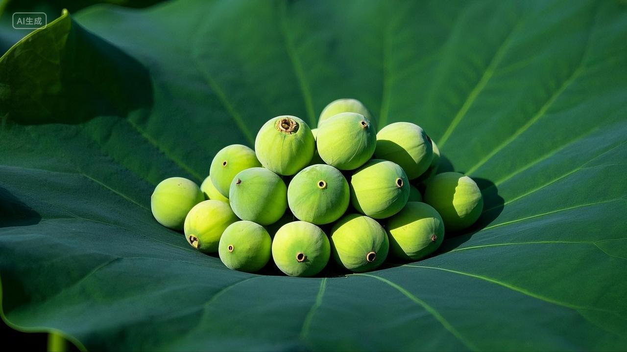 莲叶上的莲子绿色健康营养美食美味零食食材果蔬水果蔬菜美食小吃零嘴膳食