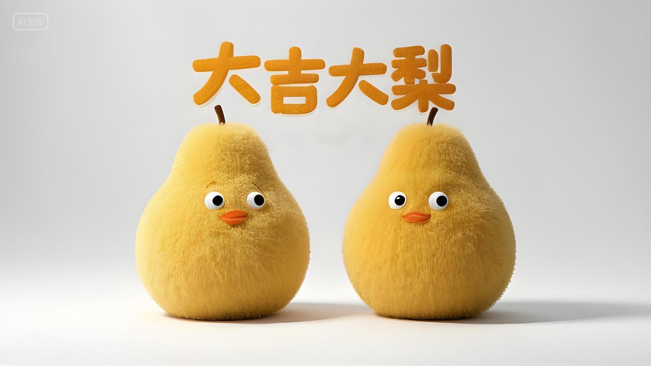 毛绒风格两个毛茸茸的鸭梨艺术字大吉大梨