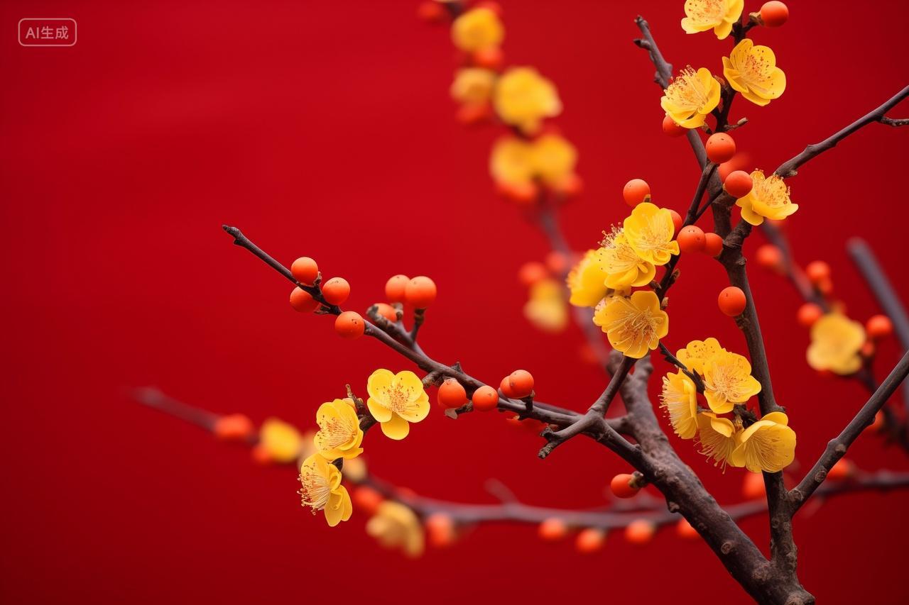 冬日冬天红墙下黄色梅花植物绽放素雅美丽意境腊梅背景图