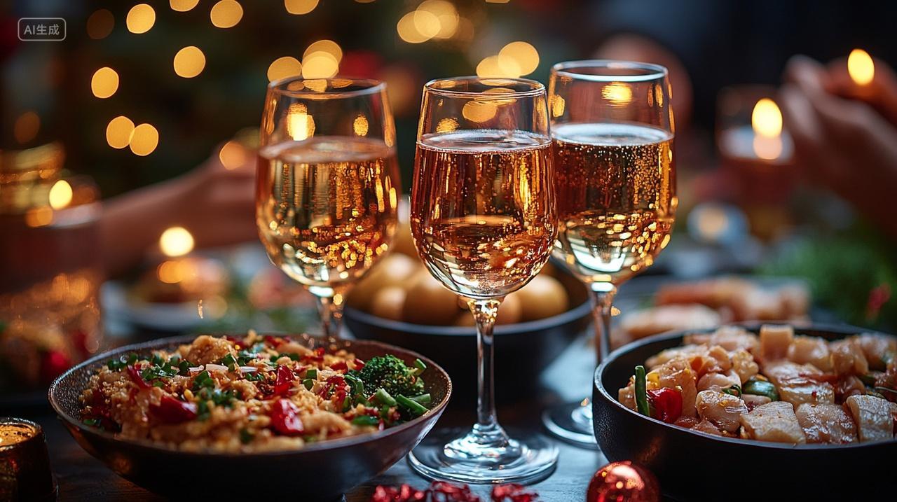 元旦节桌面上的美食和香槟过年企业年会聚餐元旦快乐