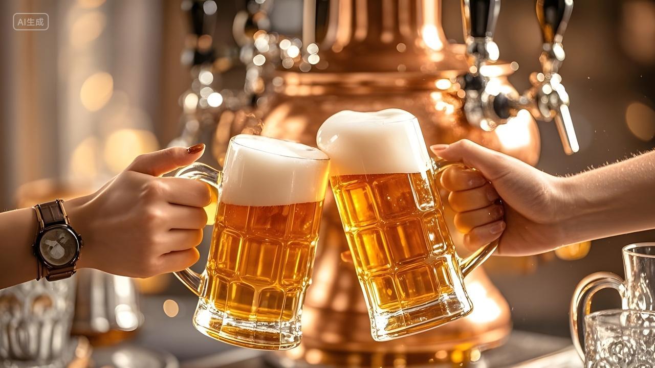 2025年新年元旦节企业年会欢乐聚会聚餐派对中的啤酒碰杯欢庆元旦