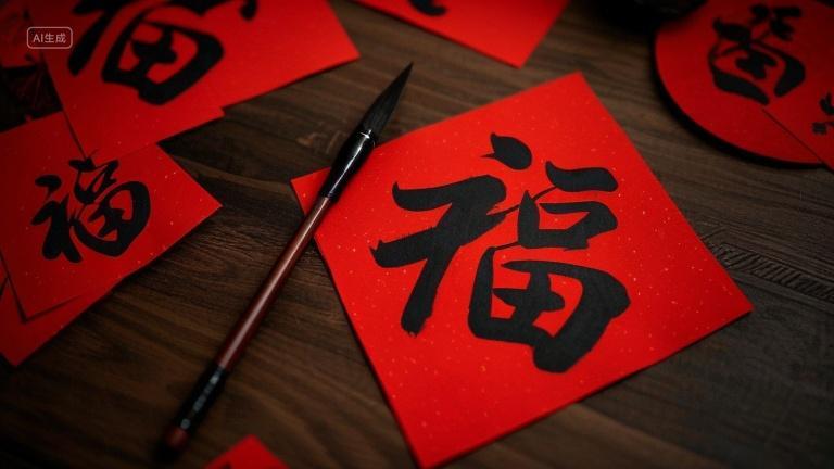 中国风2025年新年春节新春新年毛笔写福字春节书法中华传统文化素材